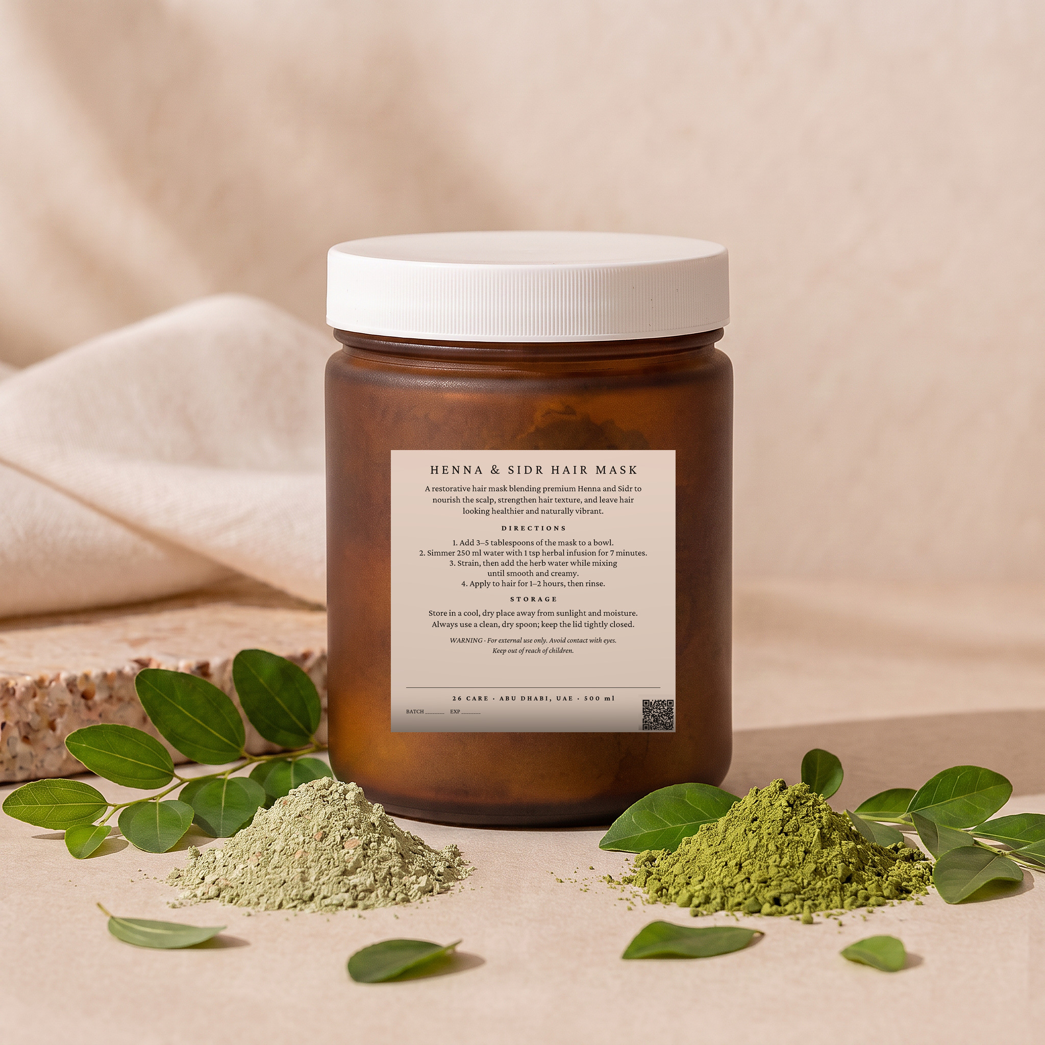 26 Care Henna & Sidr Hair Mask 500ml in a frosted amber jar with cream label — Back — directions & warnings