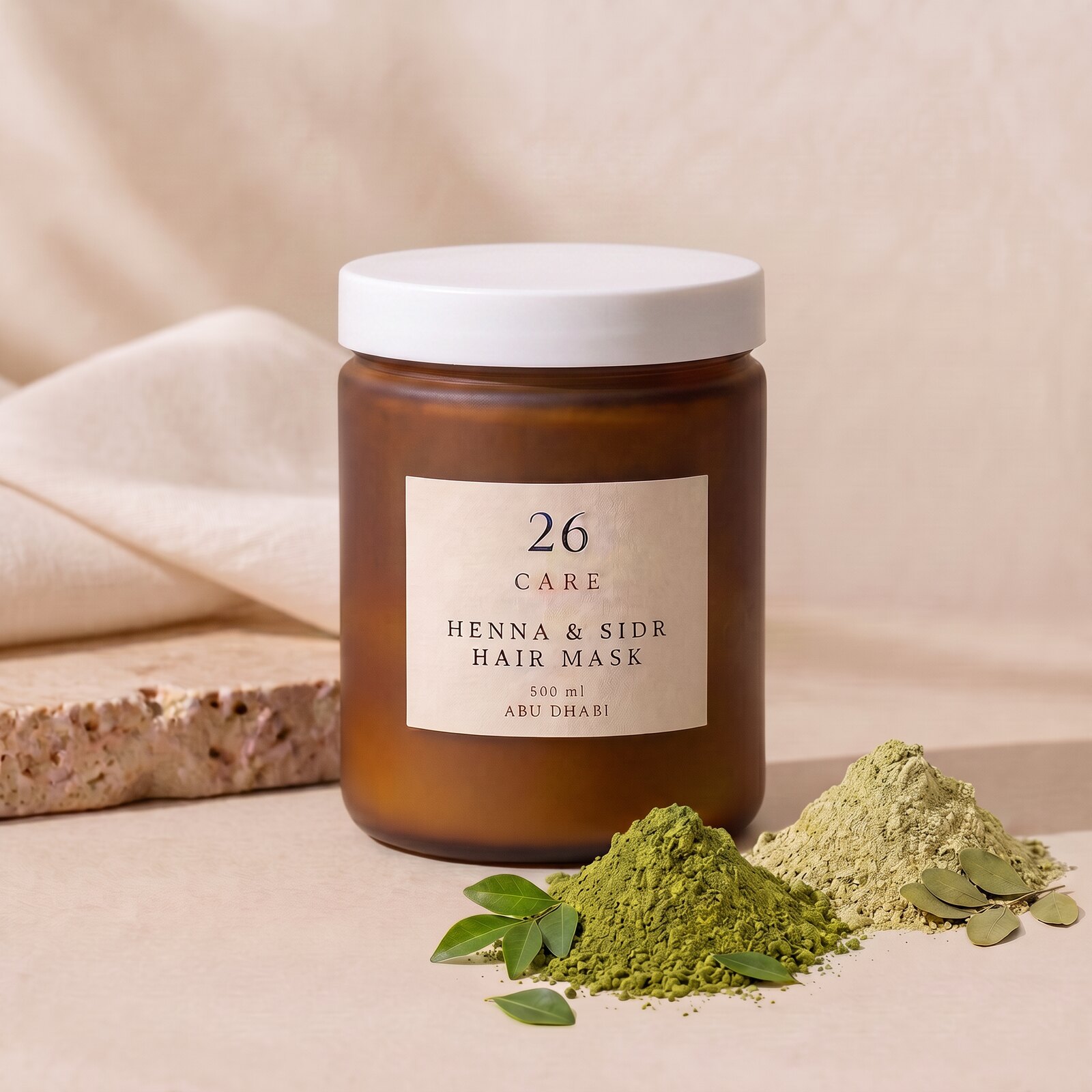 26 Care Henna & Sidr Hair Mask 500ml in a frosted amber jar with cream label — Front — lid closed