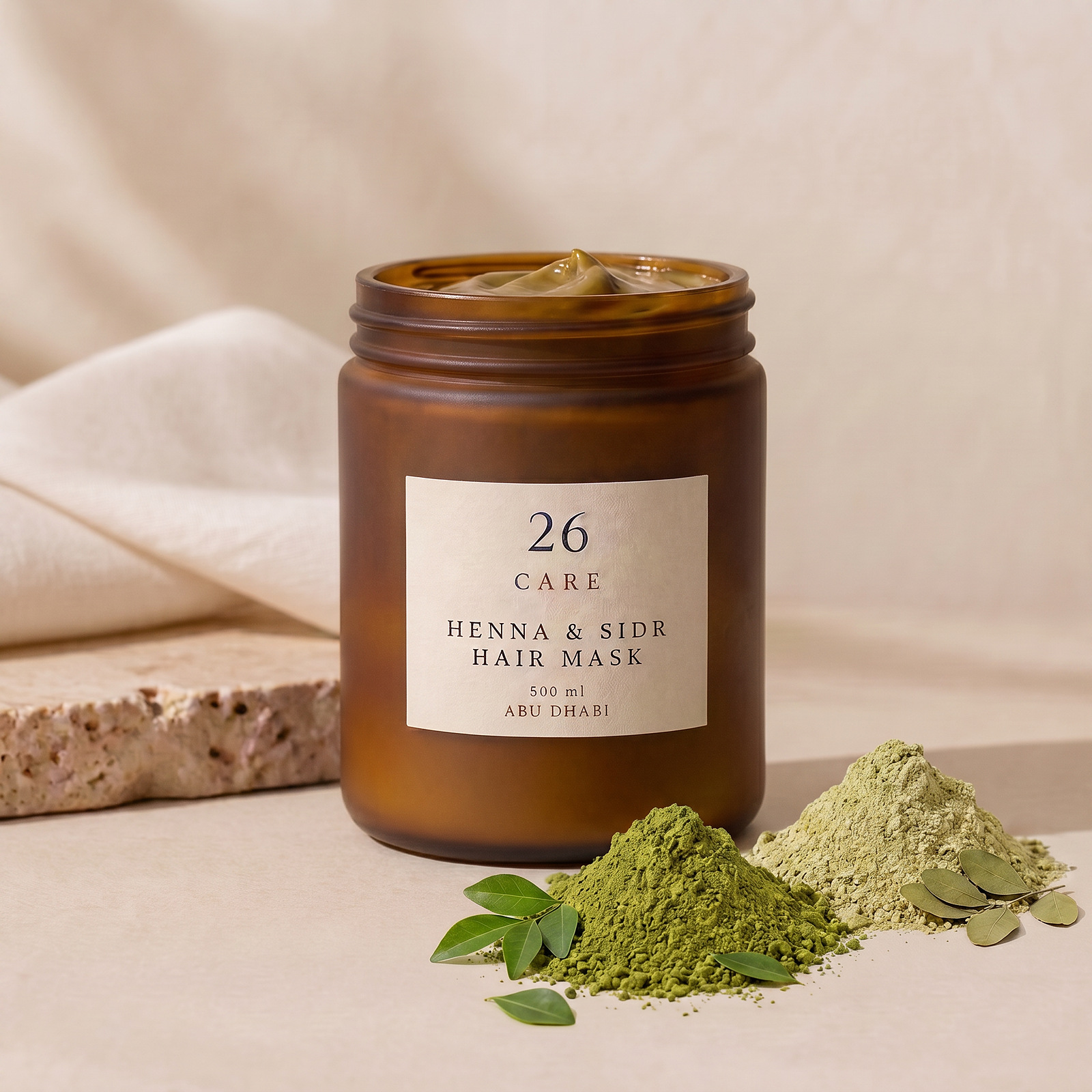 26 Care Henna & Sidr Hair Mask 500ml in a frosted amber jar with cream label — Jar open