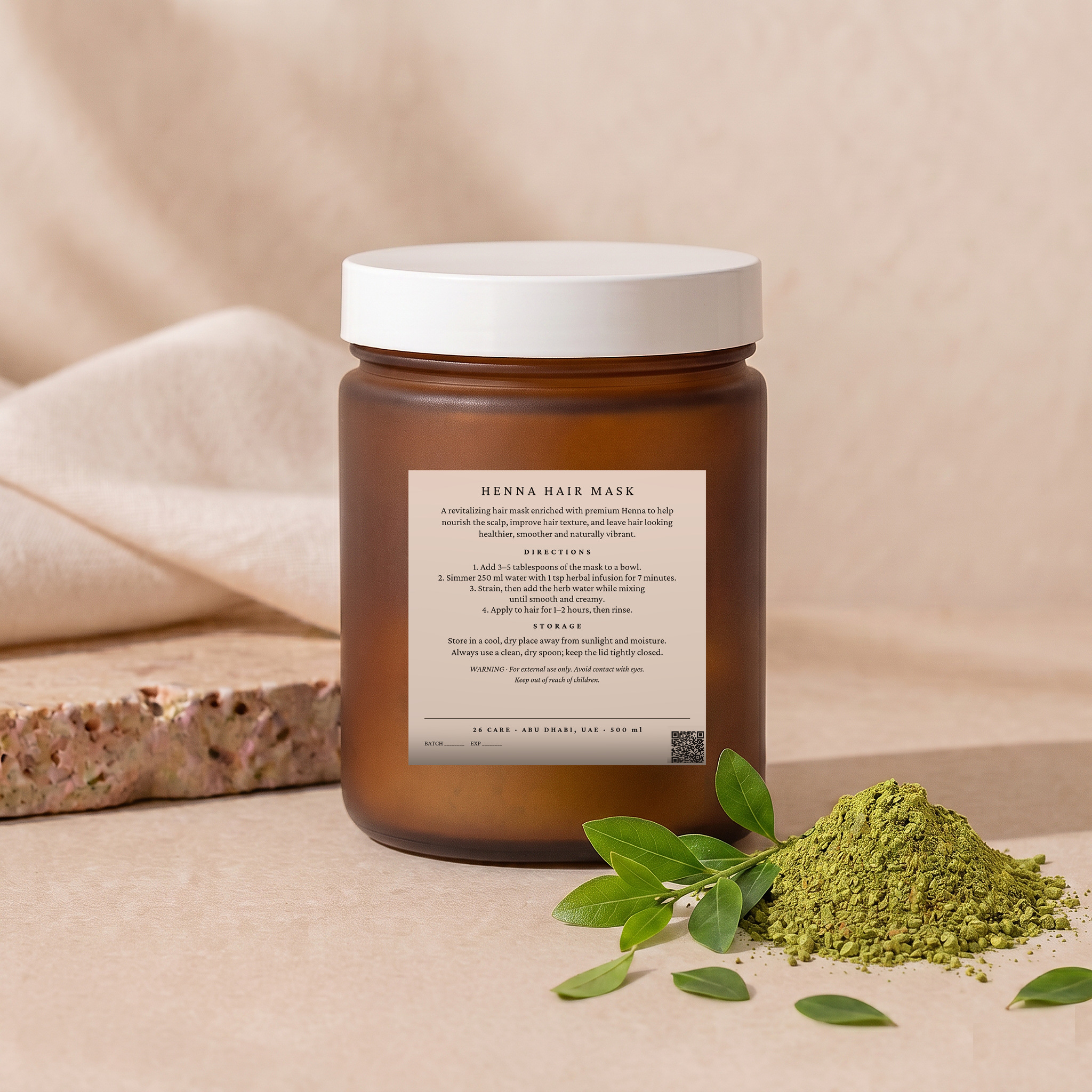 26 Care Henna Hair Mask 500ml in a frosted amber jar with cream label — Back — directions & warnings