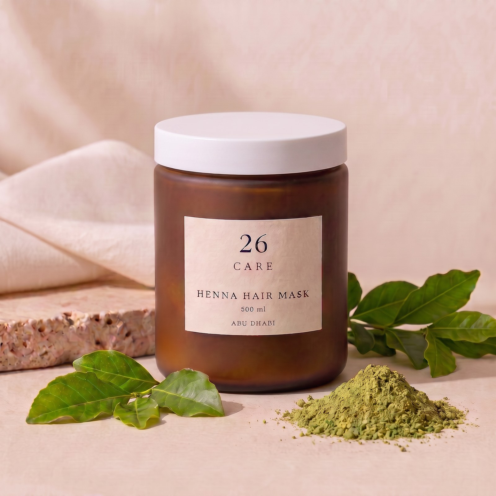 26 Care Henna Hair Mask 500ml in a frosted amber jar with cream label — Front — lid closed