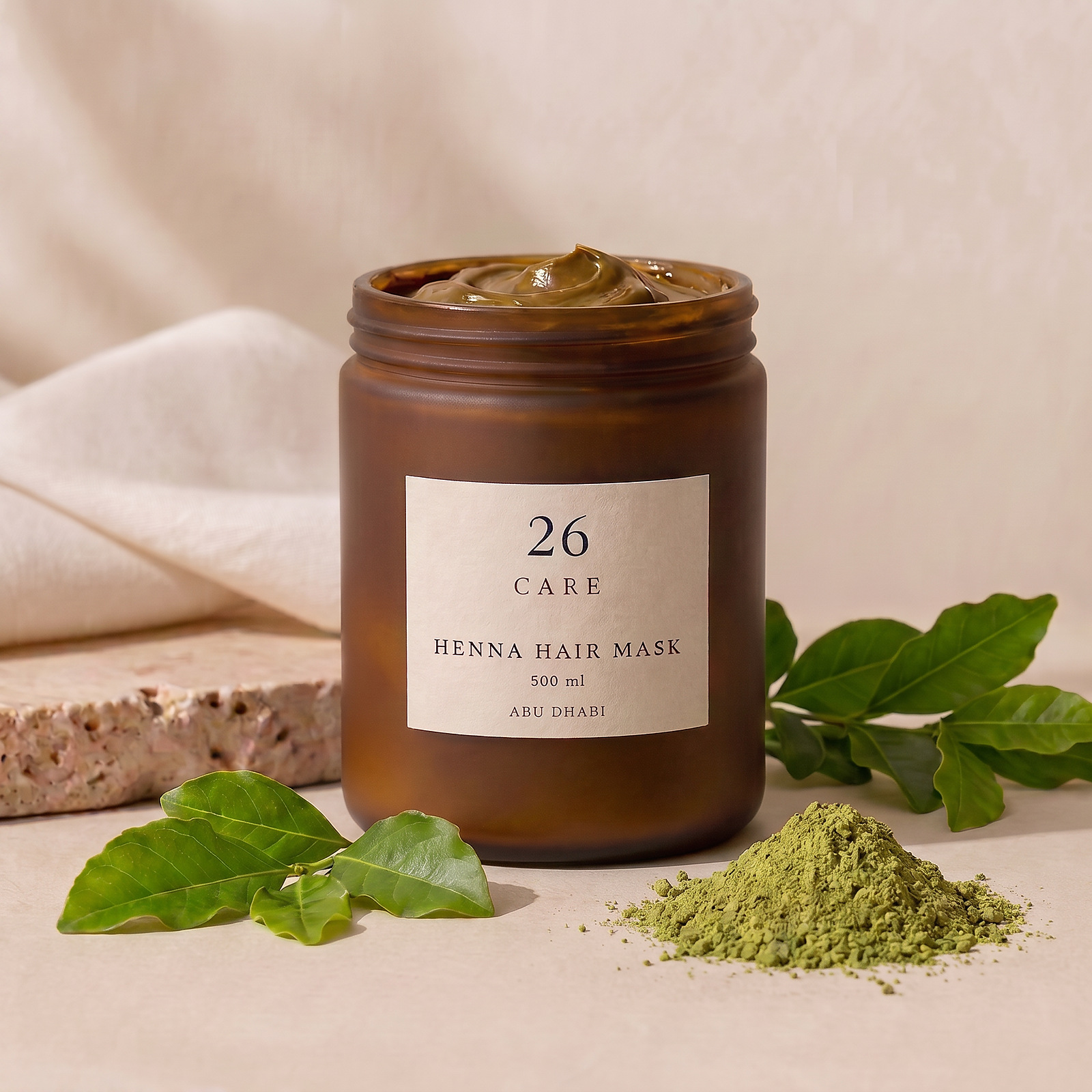 26 Care Henna Hair Mask 500ml in a frosted amber jar with cream label — Jar open