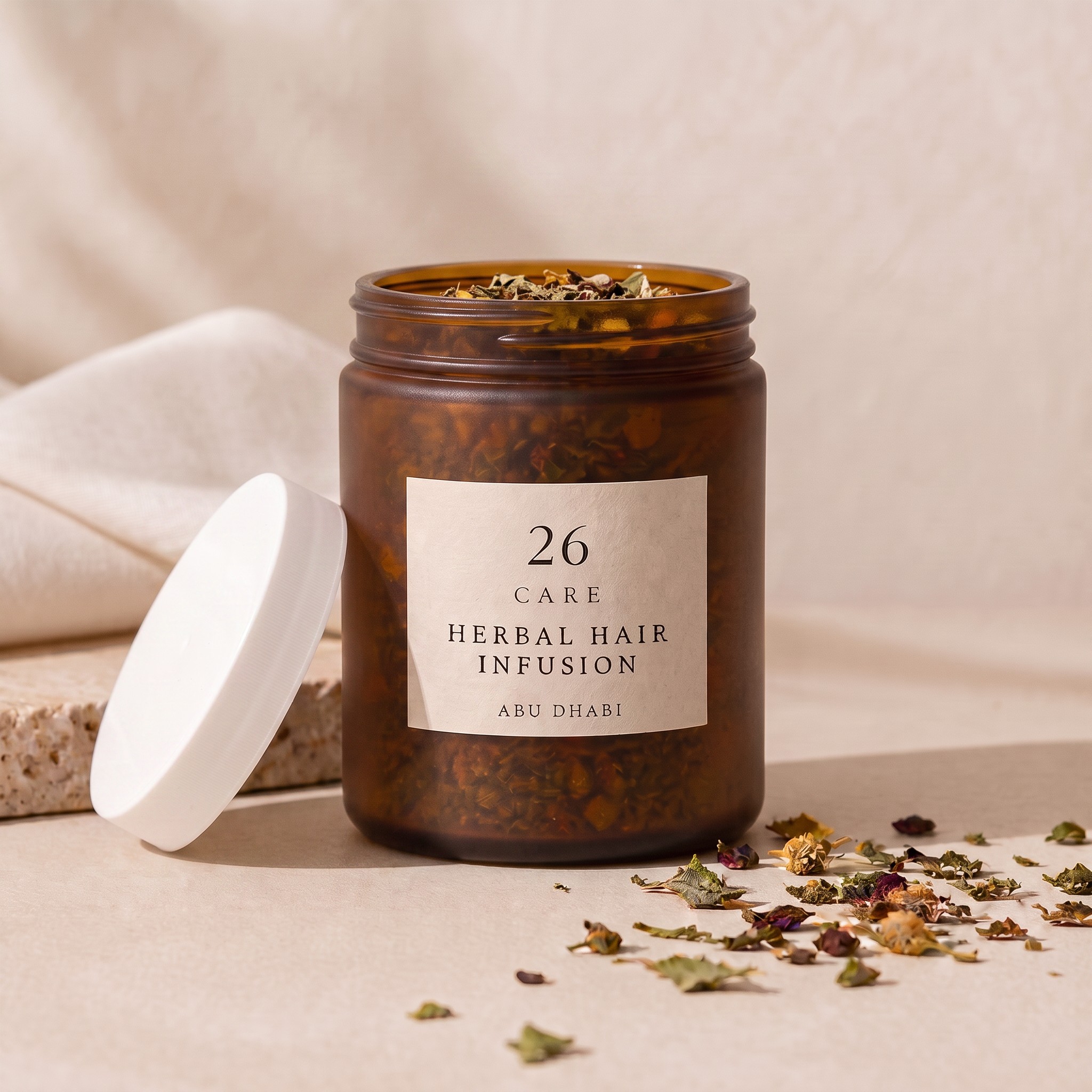 26 Care Herbal Hair Infusion in a frosted amber jar with cream label and loose dried botanicals beside it — Jar open