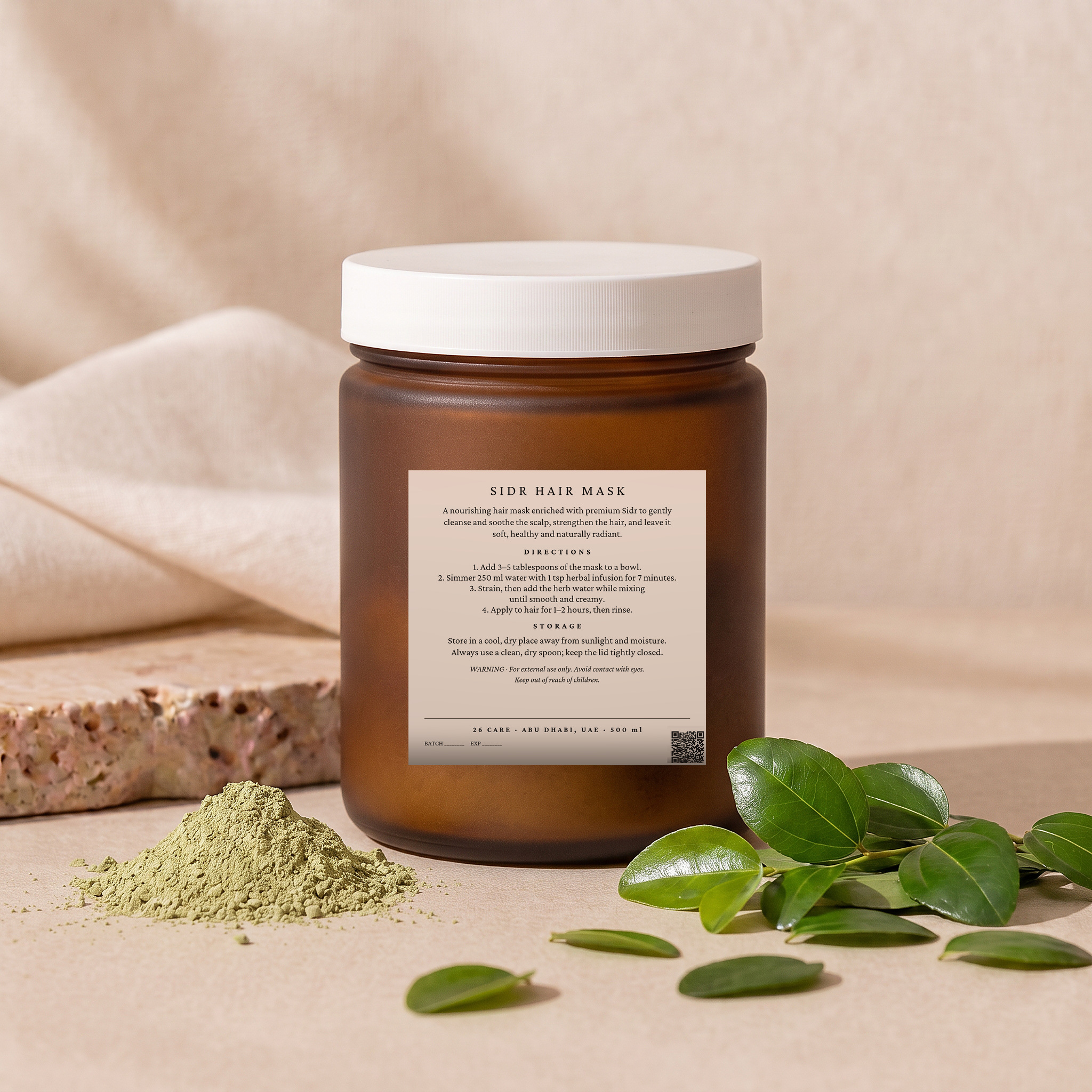 26 Care Sidr Hair Mask 500ml in a frosted amber jar with cream label — Back — directions & warnings