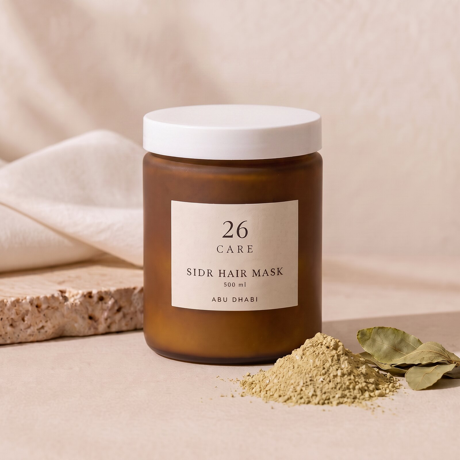 26 Care Sidr Hair Mask 500ml in a frosted amber jar with cream label — Front — lid closed