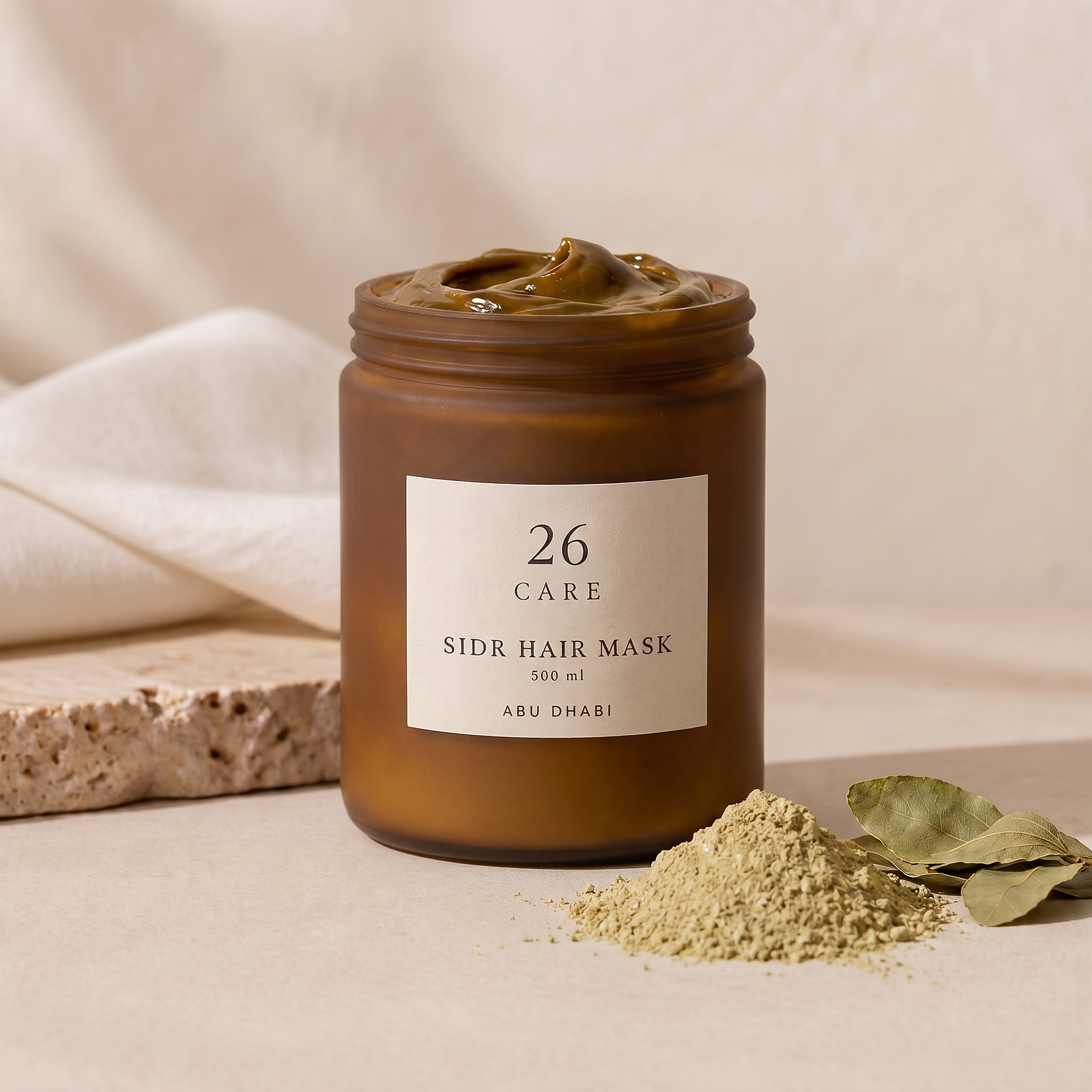 26 Care Sidr Hair Mask 500ml in a frosted amber jar with cream label — Jar open